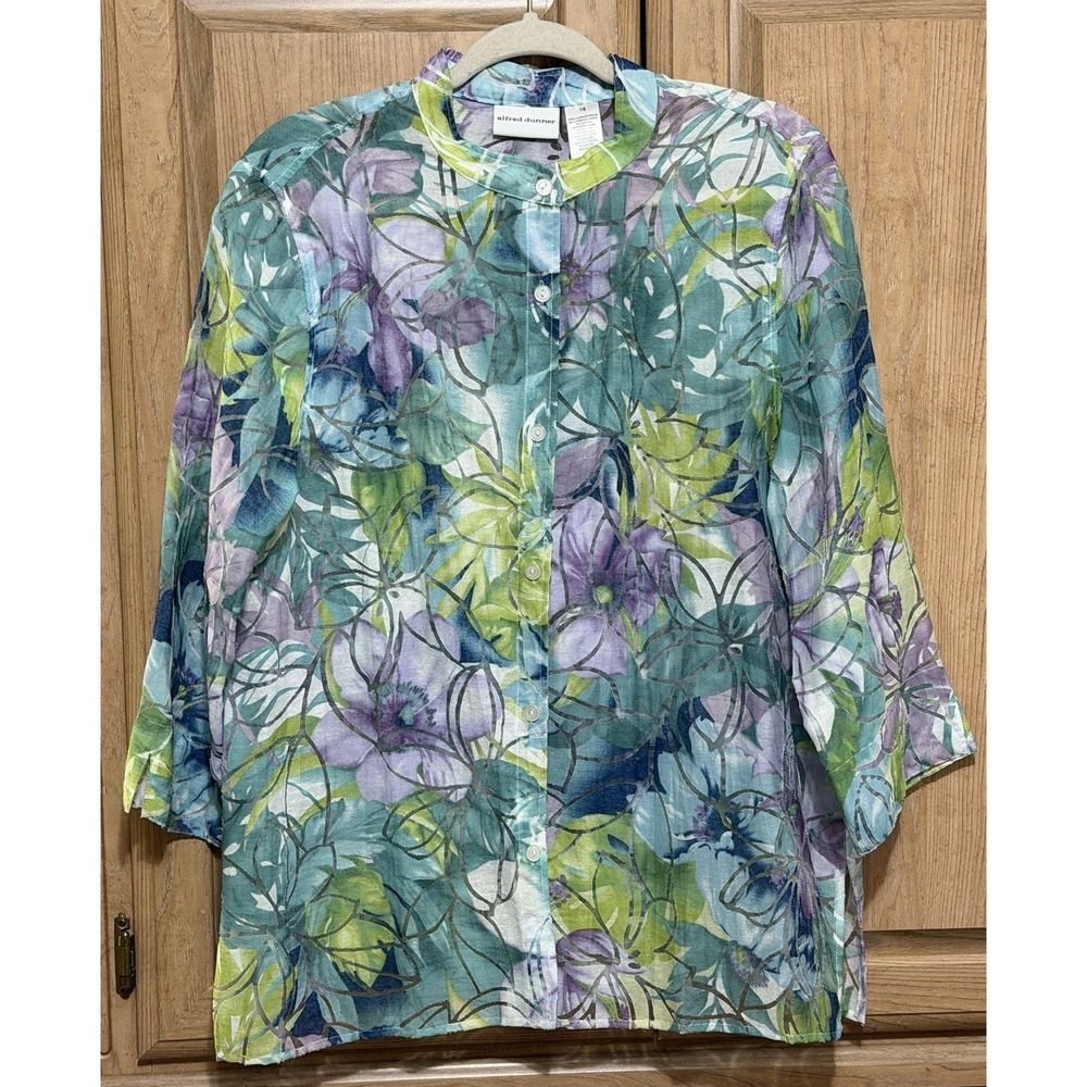 Alfred Dunner Floral Cover Up Blouse Jacket Top Women's Size 18 Spring Button Up
